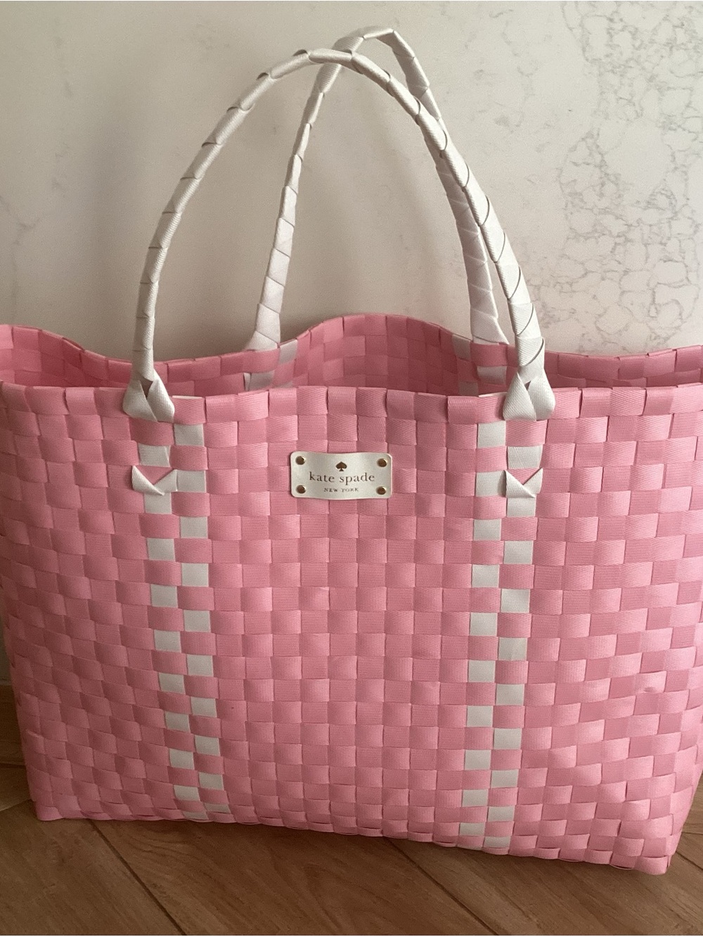 Kate Spade Pink and White Woven Tote